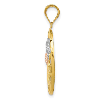 14K Bicolor-Gold mit Weiß-Rhodium Diamant-geschliffener Ovaler Blumen-Anhänger