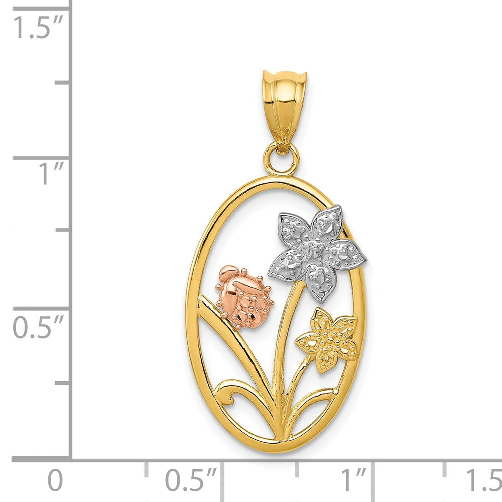 14K Bicolor-Gold mit Weiß-Rhodium Diamant-geschliffener Ovaler Blumen-Anhänger