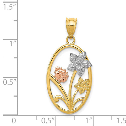 14K Bicolor-Gold mit Weiß-Rhodium Diamant-geschliffener Ovaler Blumen-Anhänger
