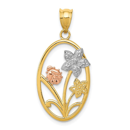 14K Bicolor-Gold mit Weiß-Rhodium Diamant-geschliffener Ovaler Blumen-Anhänger