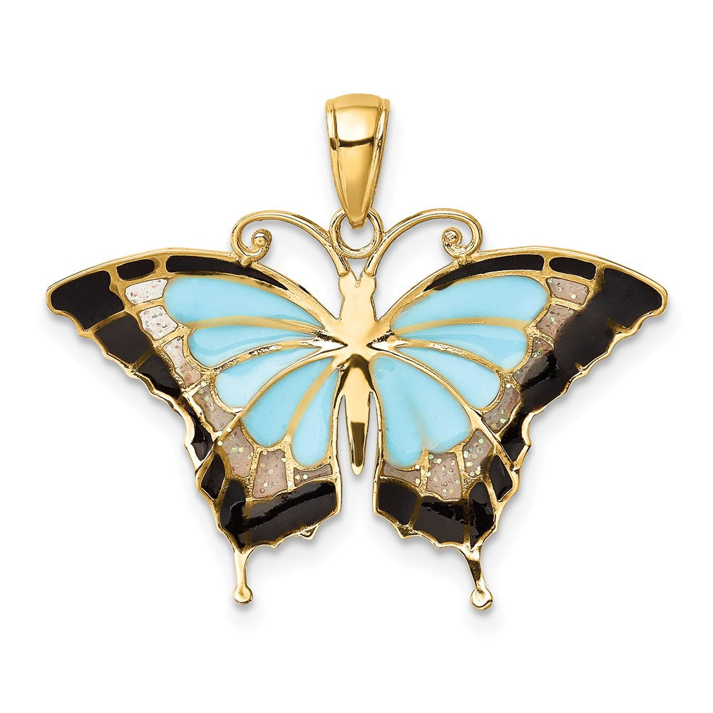 14K Gelbgold Schmetterlings-Anhänger mit Aqua-Emaillierung