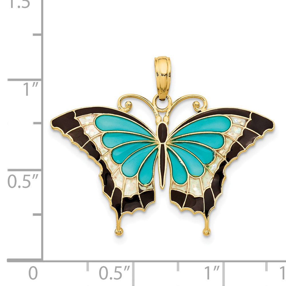 14K Gelbgold Schmetterlings-Anhänger mit Aqua-Emaillierung