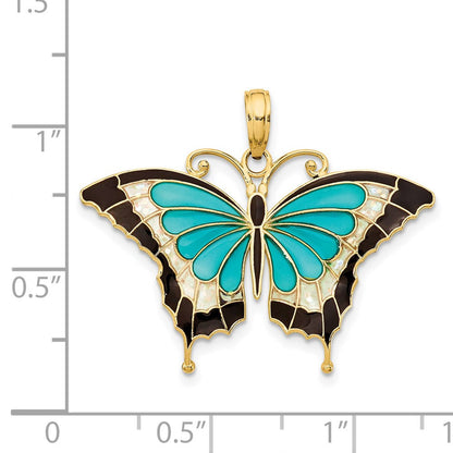 14K Gelbgold Schmetterlings-Anhänger mit Aqua-Emaillierung