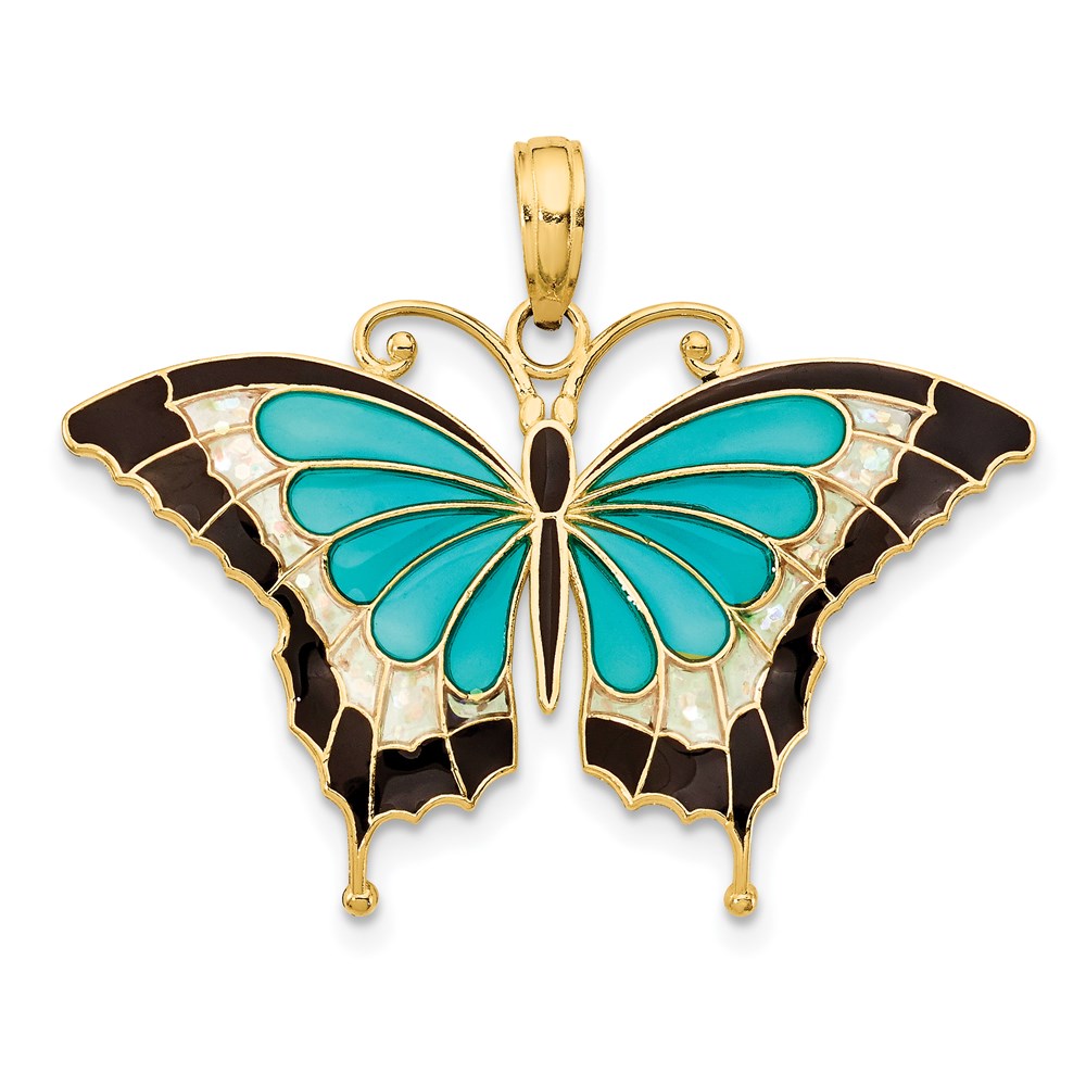 14K Gelbgold Schmetterlings-Anhänger mit Aqua-Emaillierung