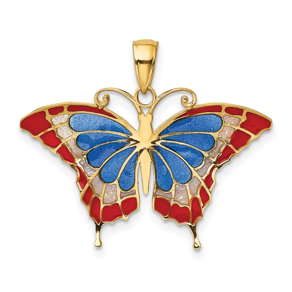 14K Gelbgold Schmetterlings-Anhänger blau und rot emailliert