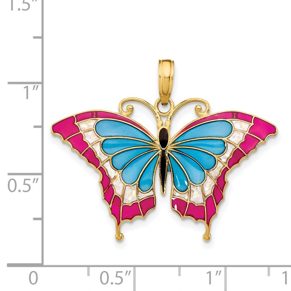 14K Gelbgold Schmetterlings-Anhänger blau und rot emailliert