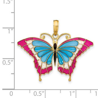 14K Gelbgold Schmetterlings-Anhänger blau und rot emailliert