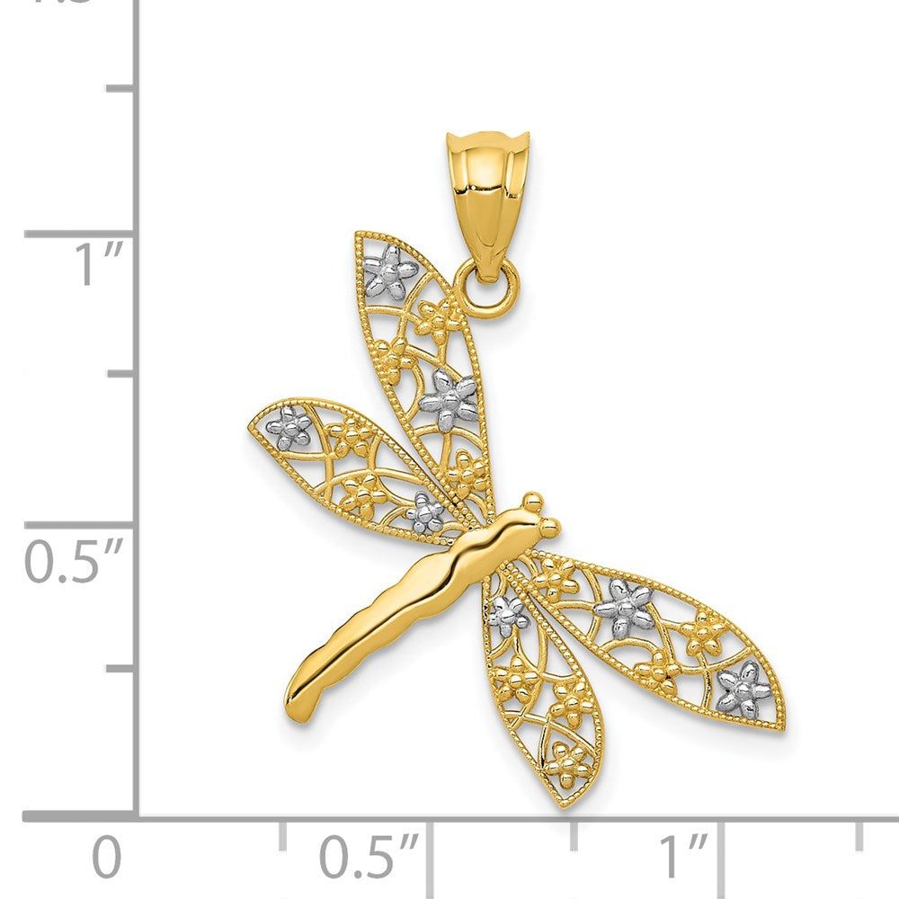 14K Gelb & Rhodium mit Rhodium Filigran Libelle Anhänger