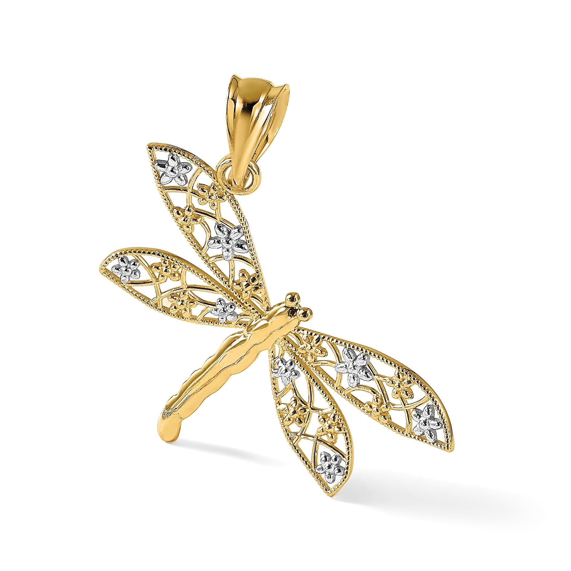 14K Gelb & Rhodium mit Rhodium Filigran Libelle Anhänger