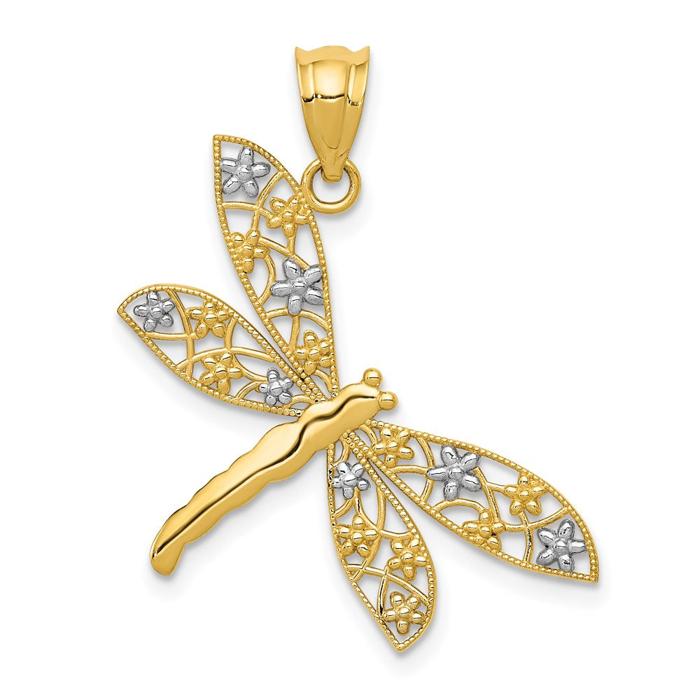 14K Gelb & Rhodium mit Rhodium Filigran Libelle Anhänger