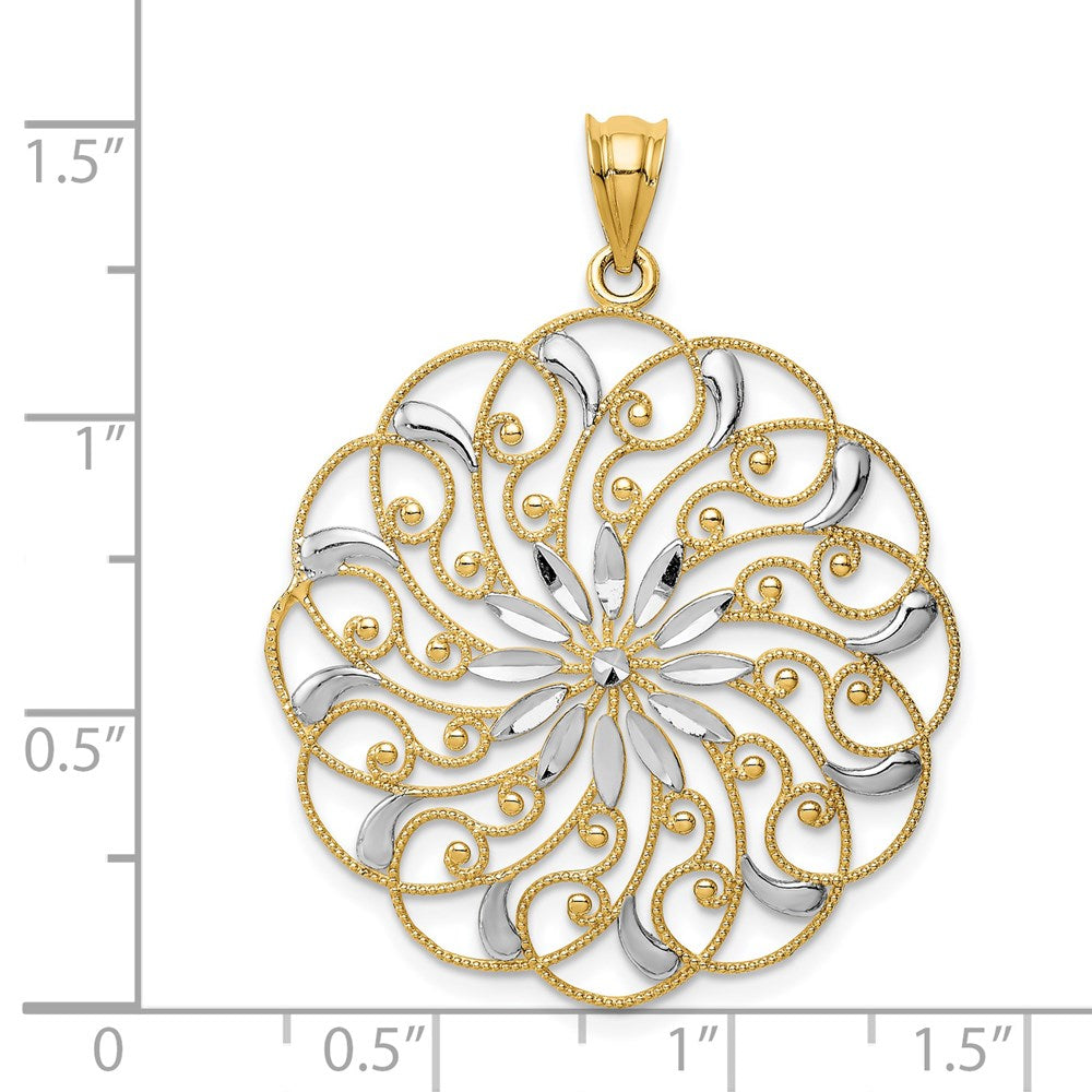 14 Karat Gelb- und Rhodiumgold mit Rhodiumbeschichtung, diamantgeschliffener Fancy-Wirbel-Anhänger