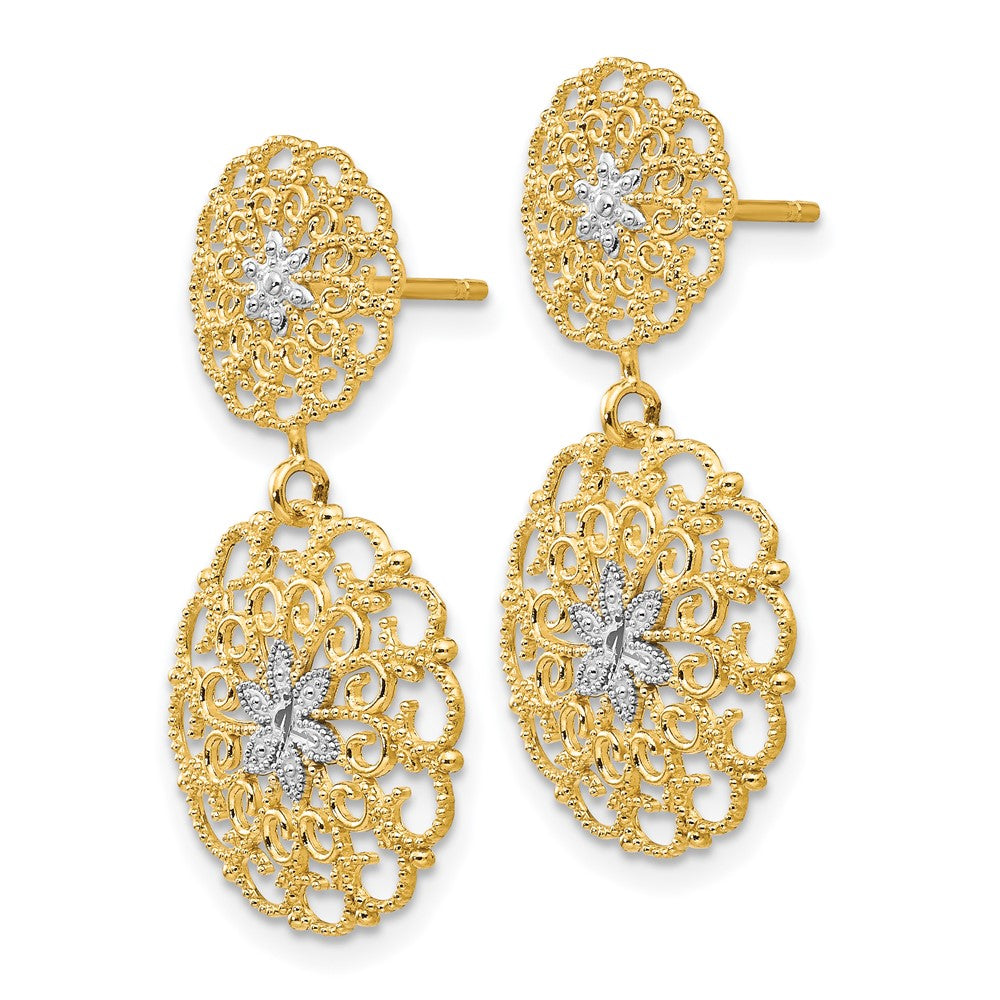 14K Gelbgold mit Rhodium, diamantierte Filigran-Medaillon-Ohrhänger mit Stecker