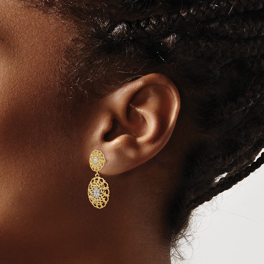 14K Gelbgold mit Rhodium, diamantierte Filigran-Medaillon-Ohrhänger mit Stecker