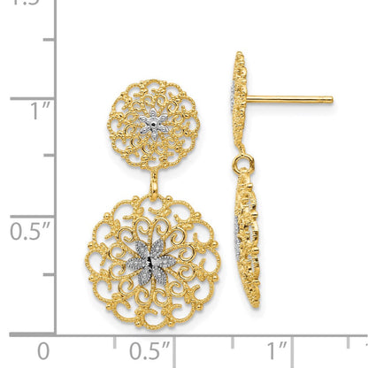 14K Gelbgold mit Rhodium, diamantierte Filigran-Medaillon-Ohrhänger mit Stecker