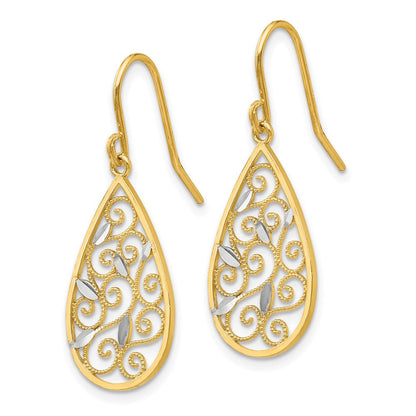 14K Gelbgold und Rhodium Weißgold-Rhodium diamantgeschliffene Filigran-Tropfen-Draht-Ohrringe