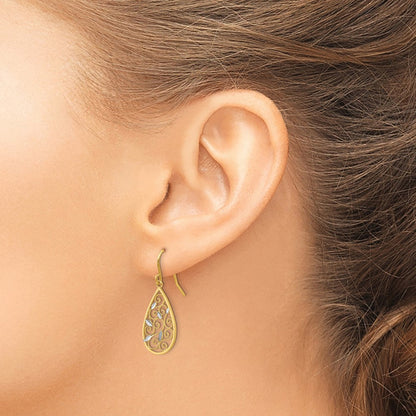 14K Gelbgold und Rhodium Weißgold-Rhodium diamantgeschliffene Filigran-Tropfen-Draht-Ohrringe