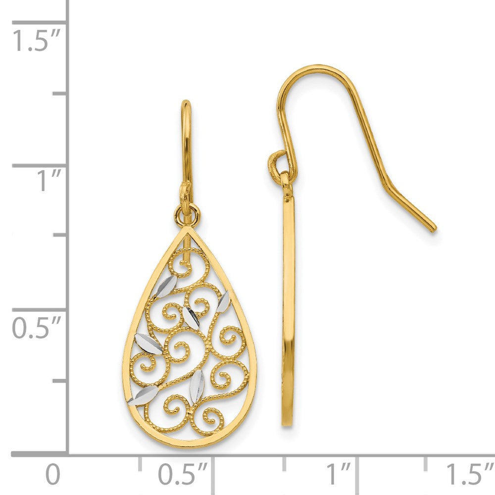 14K Gelbgold und Rhodium Weißgold-Rhodium diamantgeschliffene Filigran-Tropfen-Draht-Ohrringe
