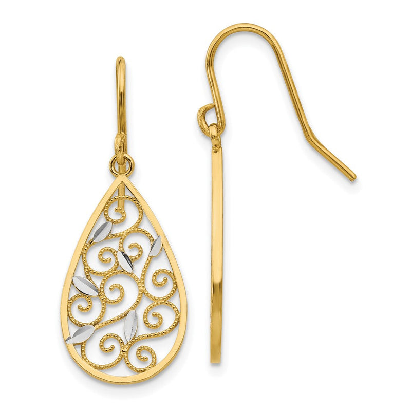 14K Gelbgold und Rhodium Weißgold-Rhodium diamantgeschliffene Filigran-Tropfen-Draht-Ohrringe
