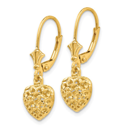 14K Gelbgold Mini-Ohrringe mit gewölbtem 3D-diamantgeschliffenem Herz und Leverback-Verschluss