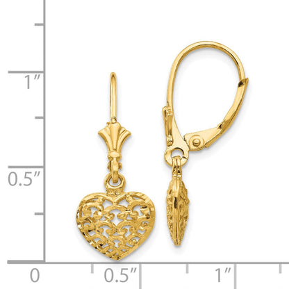 14K Gelbgold Mini-Ohrringe mit gewölbtem 3D-diamantgeschliffenem Herz und Leverback-Verschluss