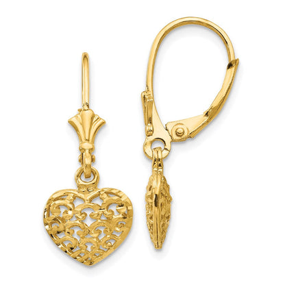 14K Gelbgold Mini-Ohrringe mit gewölbtem 3D-diamantgeschliffenem Herz und Leverback-Verschluss