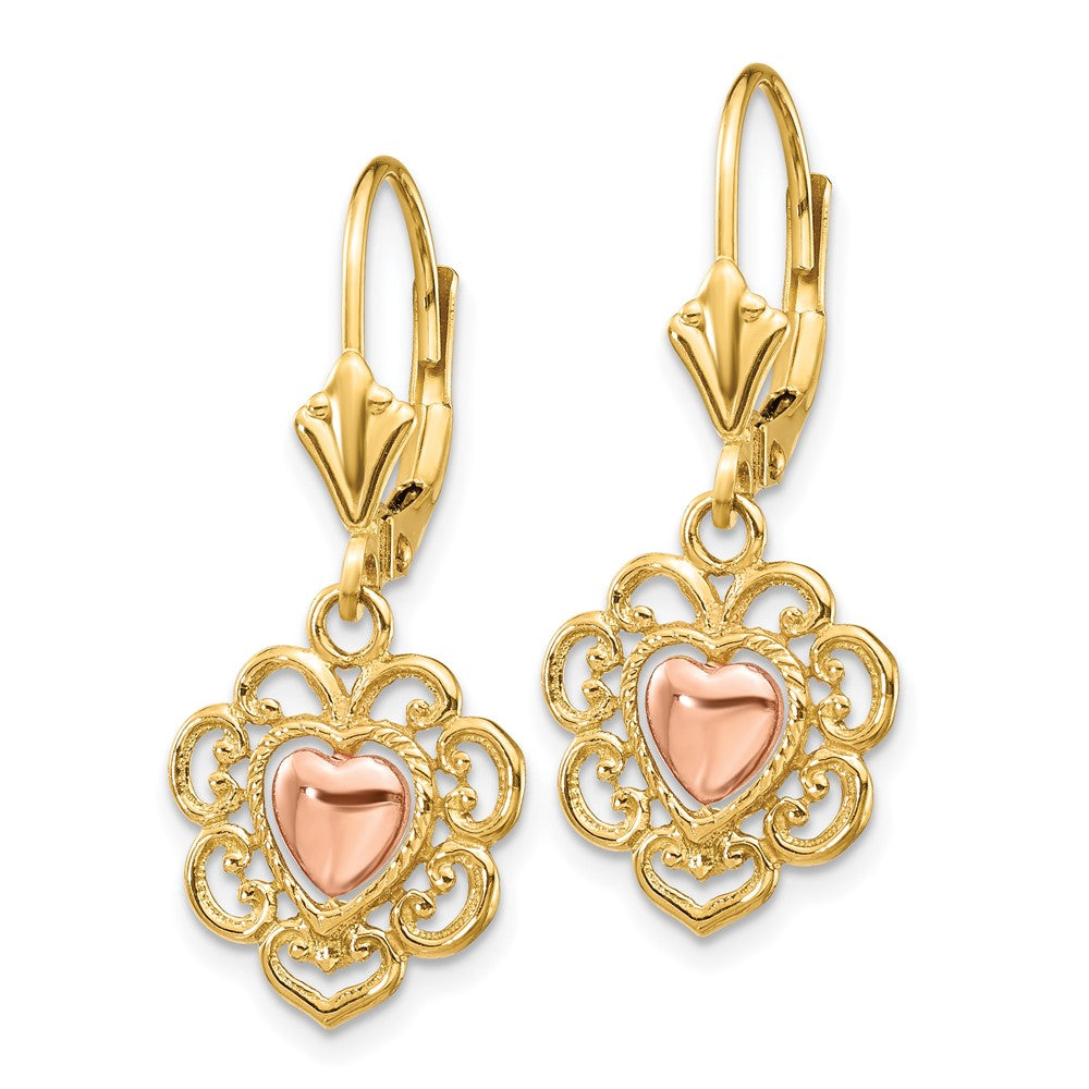 14K Zweifarbig Gold Herz mit Spitzenbesatz Leverback-Ohrringe