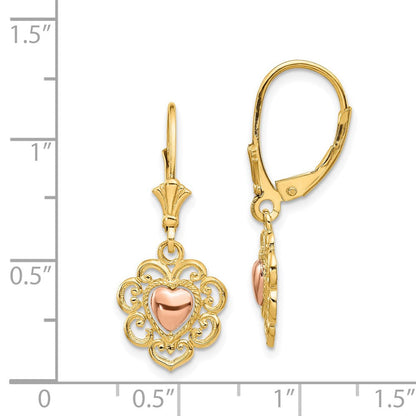 14K Zweifarbig Gold Herz mit Spitzenbesatz Leverback-Ohrringe