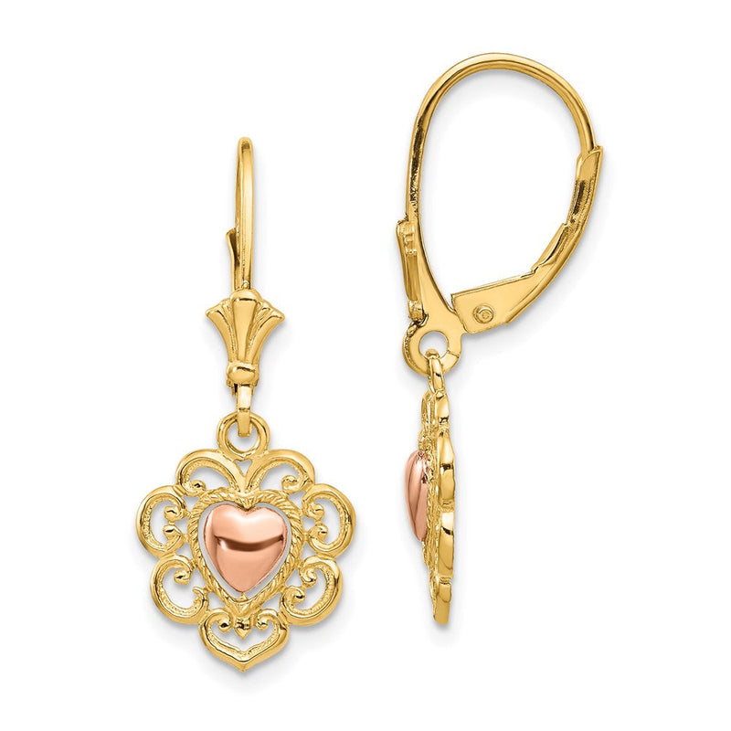 14K Zweifarbig Gold Herz mit Spitzenbesatz Leverback-Ohrringe