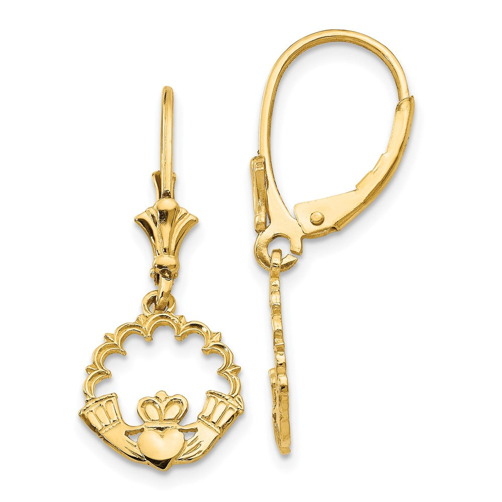 14K Gelbgold Claddagh-im-Kreis-Ohrhänger mit Leverback-Verschluss