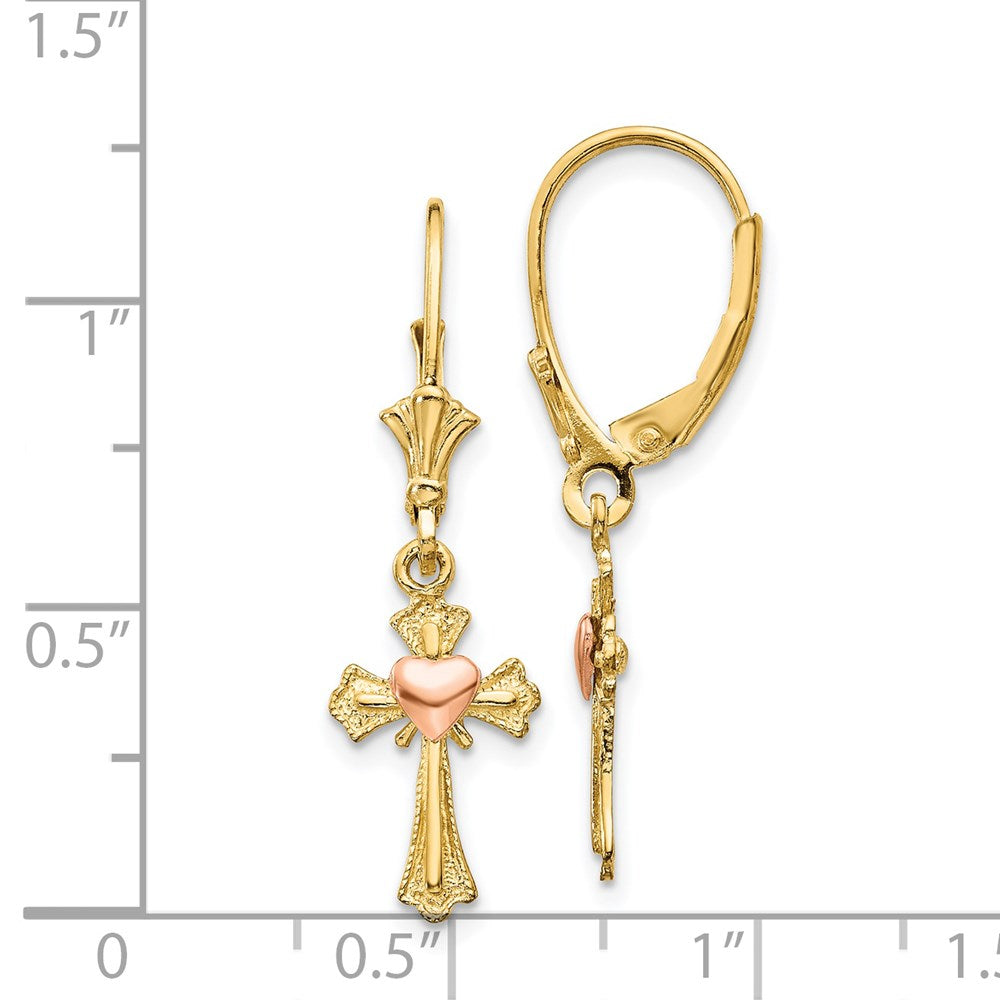 14K Bicolor Herz auf Kreuz Ohrhänger mit Brisur