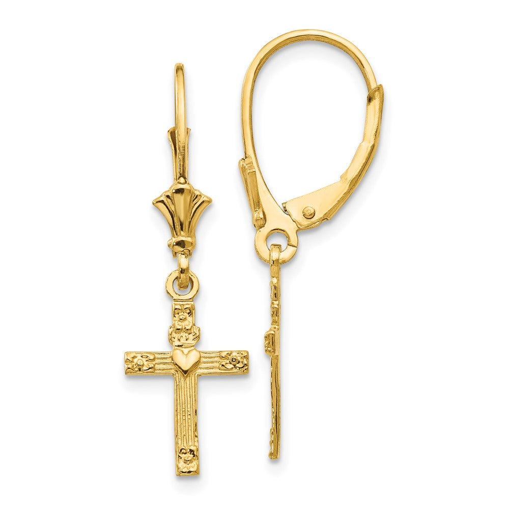 14K Gelbgold Mini Kreuz mit Herz Ohrhänger mit Brisur