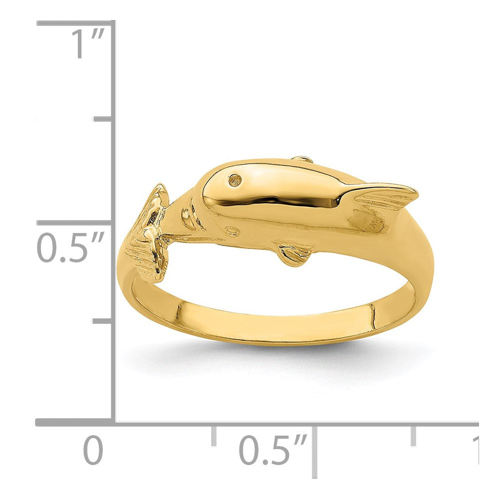 14K Gelbgold Delfinring mit Nase in der Mitte des Schwanzes