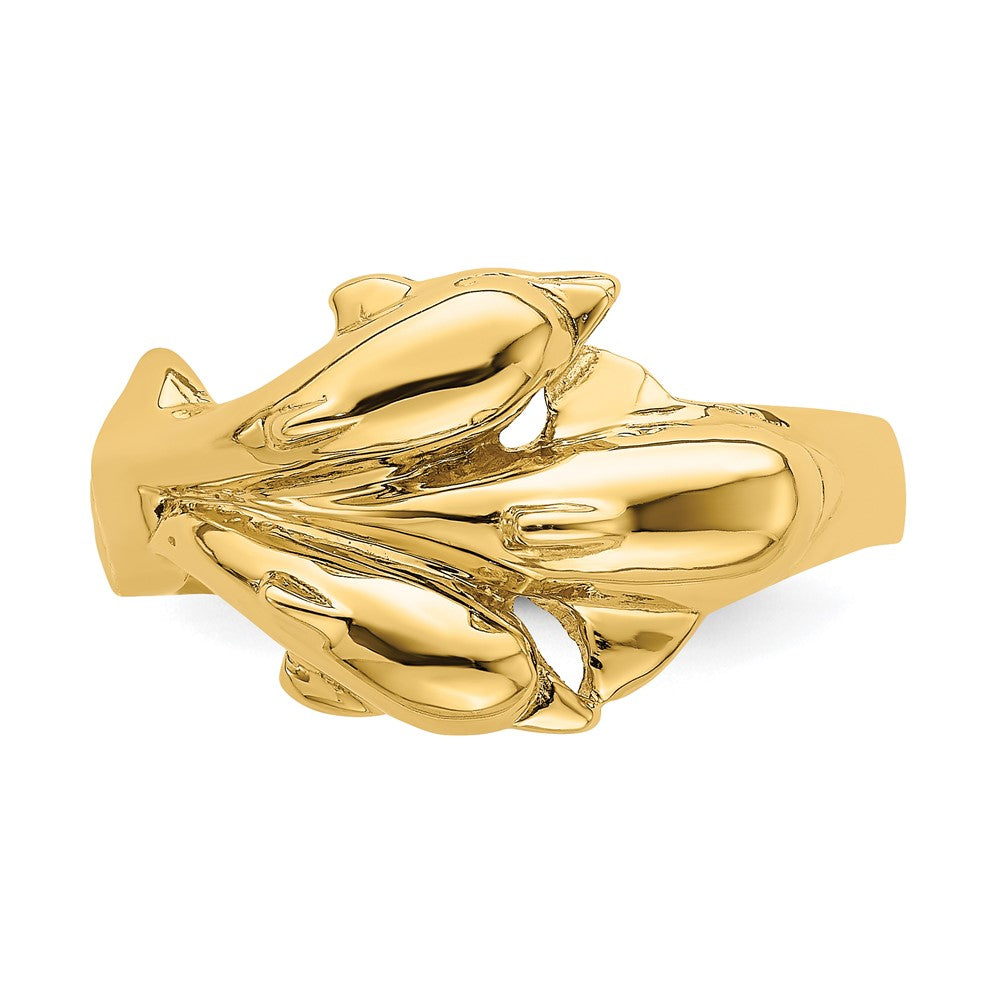 14K Gelbgold Ring mit dreifachem Delfin-Motiv