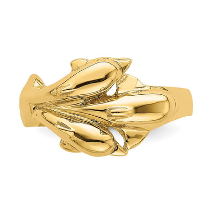 14K Gelbgold Ring mit dreifachem Delfin-Motiv