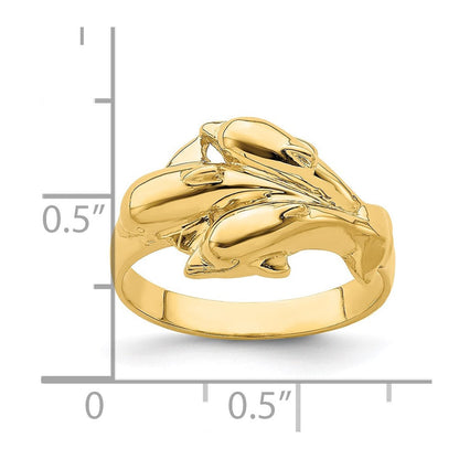 14K Gelbgold Ring mit dreifachem Delfin-Motiv