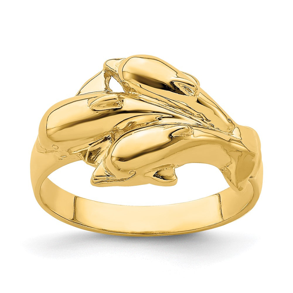 14K Gelbgold Ring mit dreifachem Delfin-Motiv