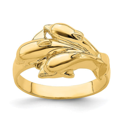 14K Gelbgold Ring mit dreifachem Delfin-Motiv