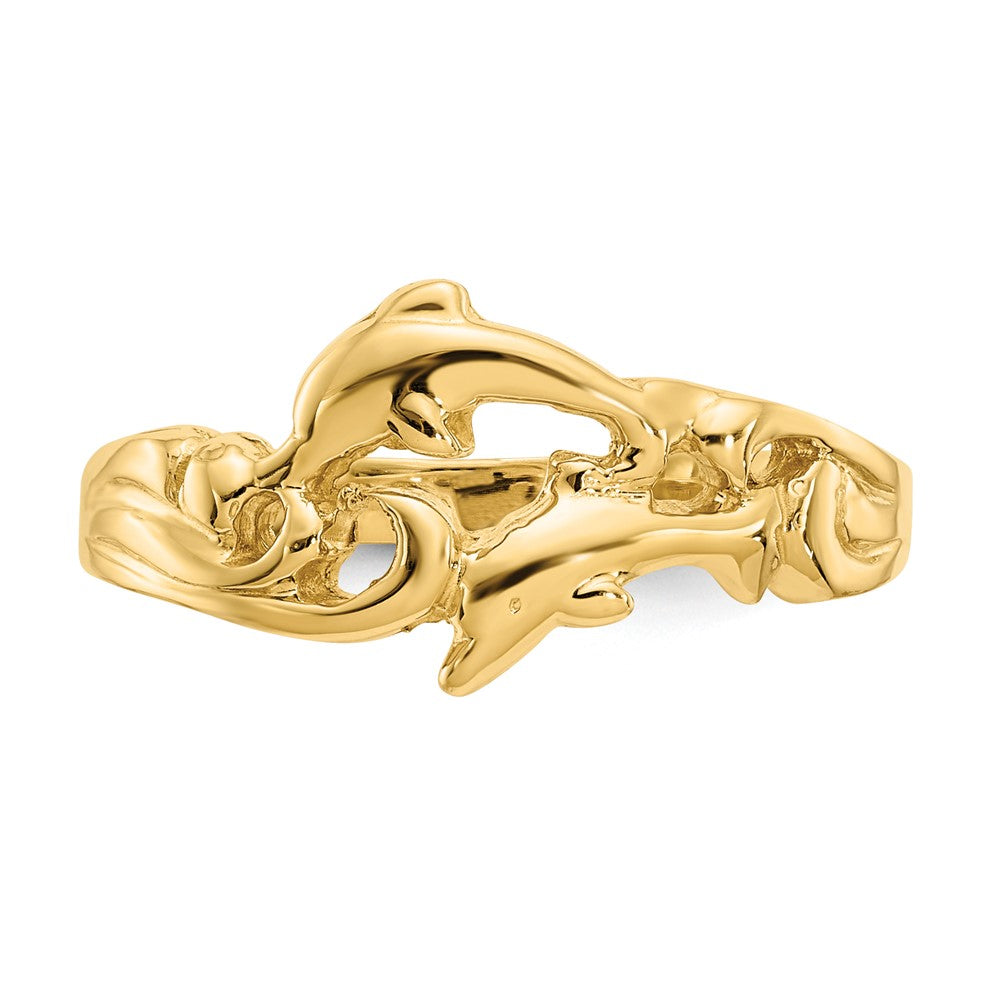 14K Gelbgold Ring mit doppelten Delfinen und Wellen