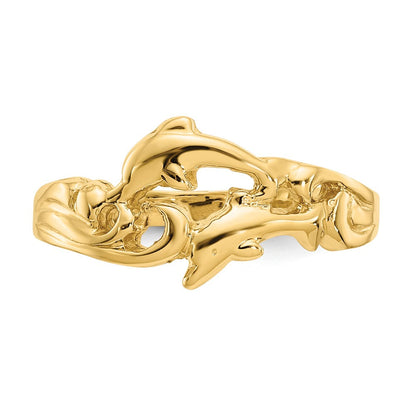 14K Gelbgold Ring mit doppelten Delfinen und Wellen