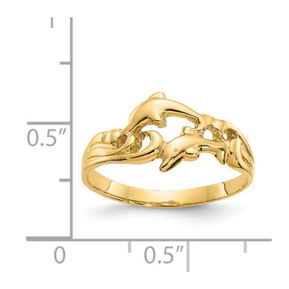 14K Gelbgold Ring mit doppelten Delfinen und Wellen
