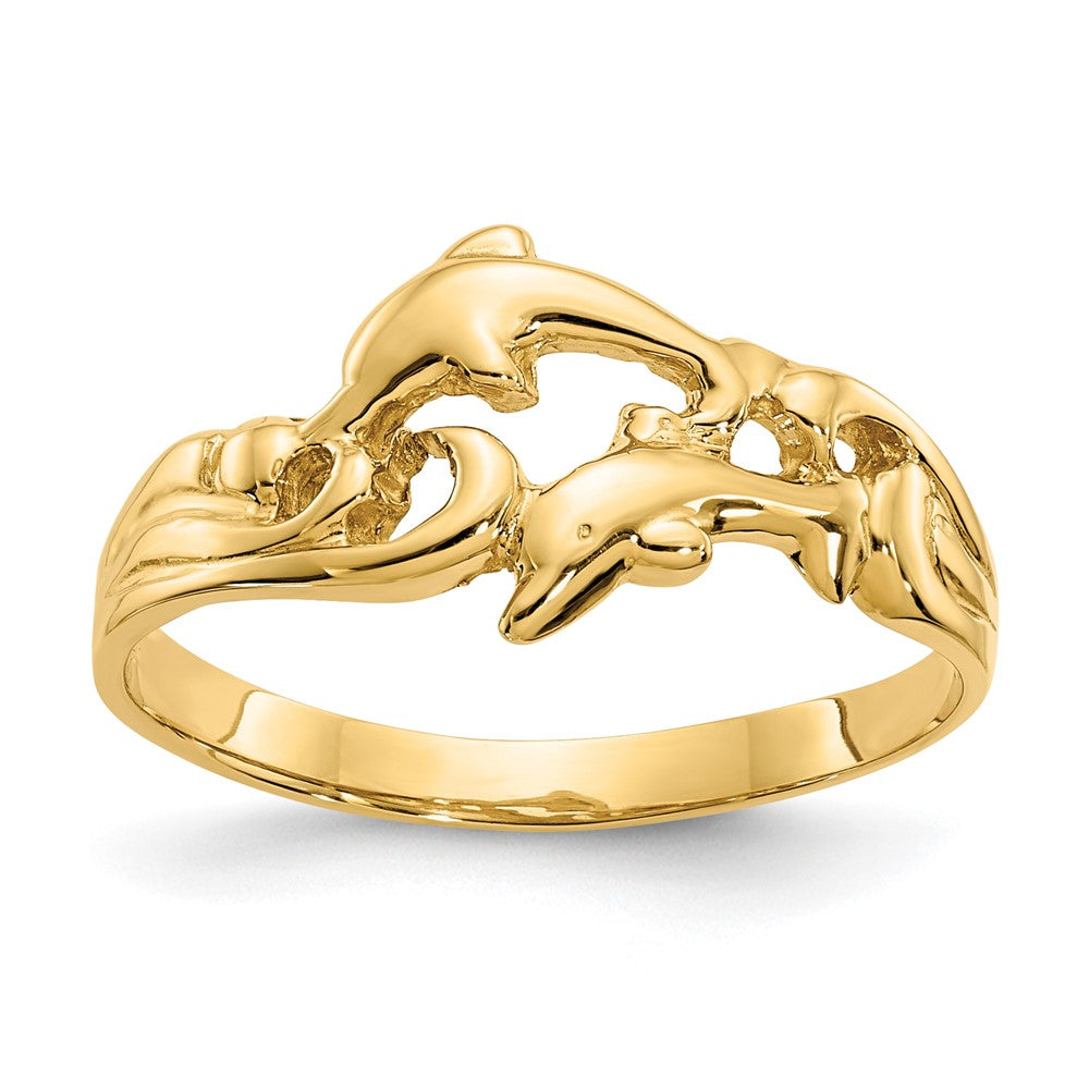 14K Gelbgold Ring mit doppelten Delfinen und Wellen