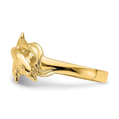 14K Gelbgold Ring mit zwei springenden Delfinen in Wellen
