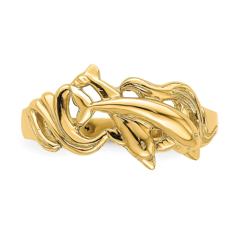 14K Gelbgold Ring mit zwei springenden Delfinen in Wellen