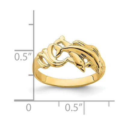 14K Gelbgold Ring mit zwei springenden Delfinen in Wellen