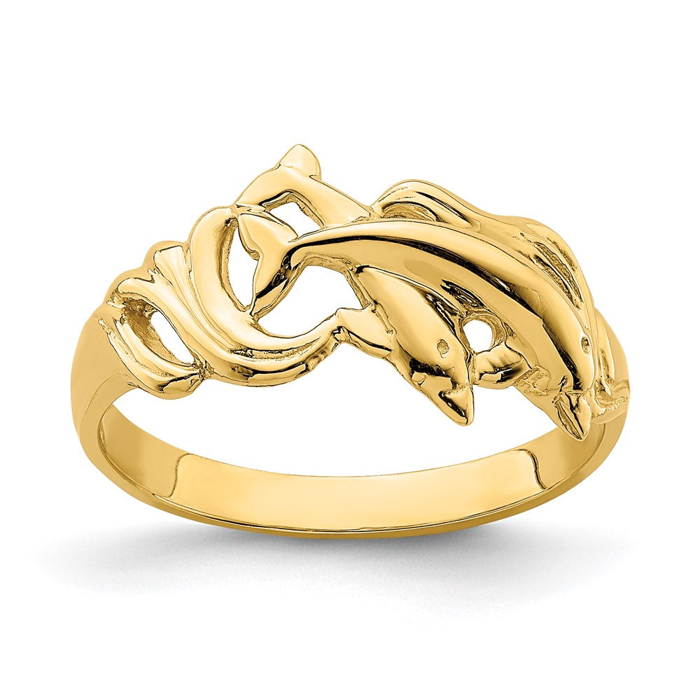 14K Gelbgold Ring mit zwei springenden Delfinen in Wellen