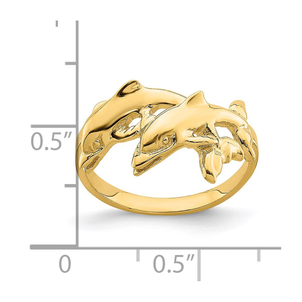 14K Gelbgold Ring mit zwei schwimmenden Delfinen