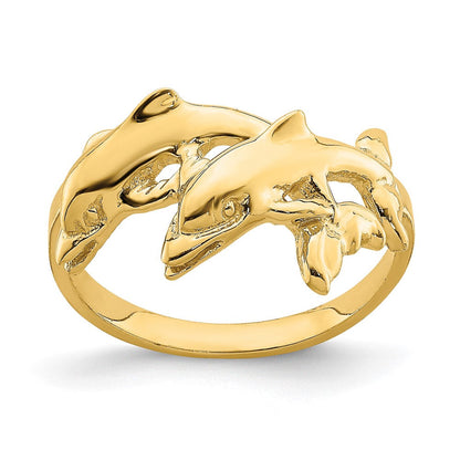 14K Gelbgold Ring mit zwei schwimmenden Delfinen