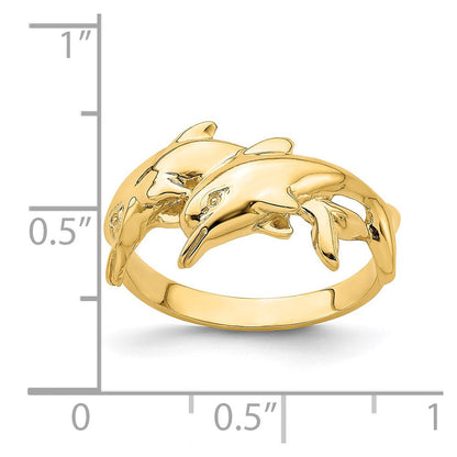 14K Gelbgold Polierter Doppel-Delfin-Ring