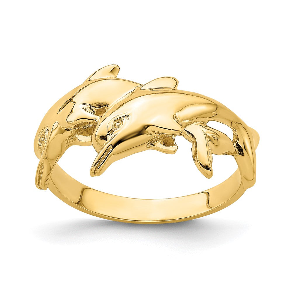 14K Gelbgold Polierter Doppel-Delfin-Ring