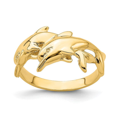 14K Gelbgold Polierter Doppel-Delfin-Ring
